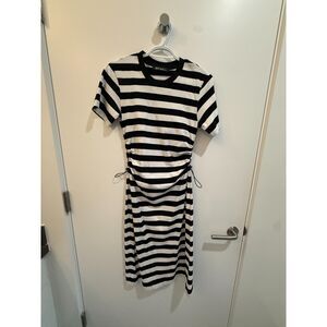 MO&Co Bold Black White Stripe Drawstring Waist Knit Midi Dress